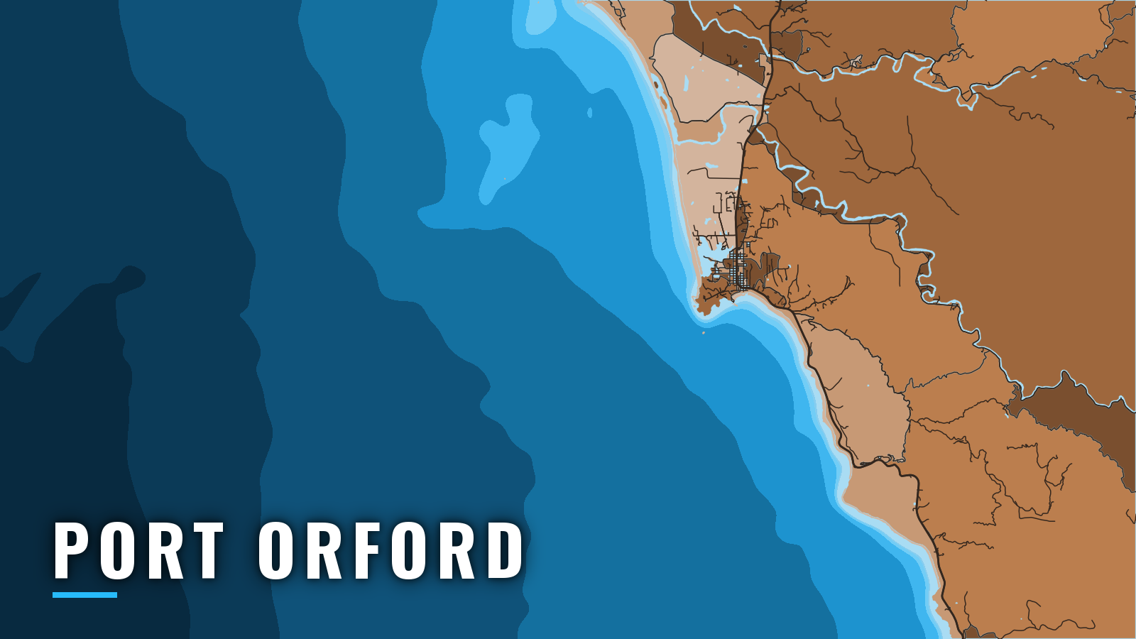 Stylized map of Port Orford, Oregon, labelled with the port name (not for navigation)