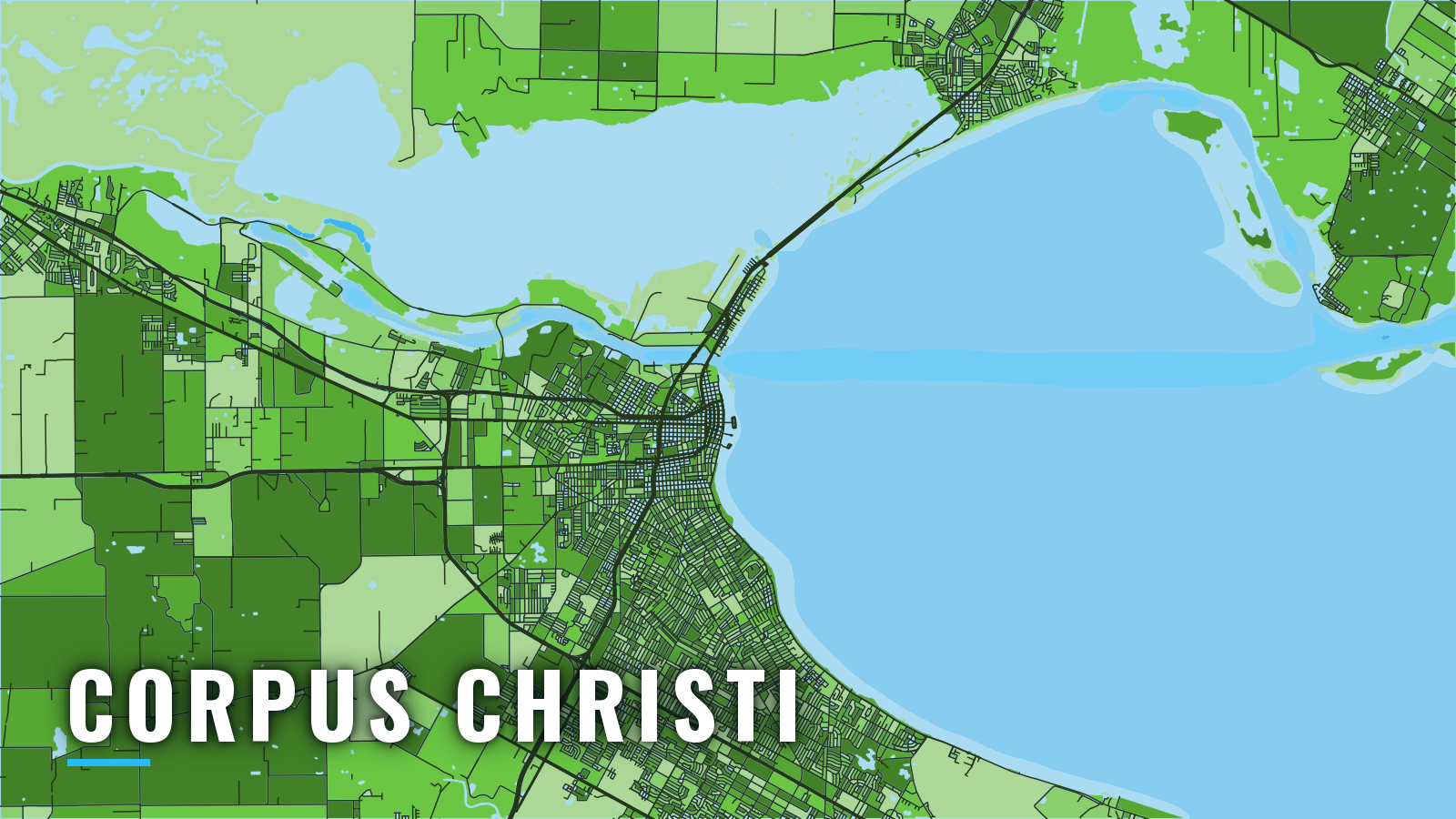 Stylized map of Corpus Christi, Texas, labelled with the port name (not for navigation)