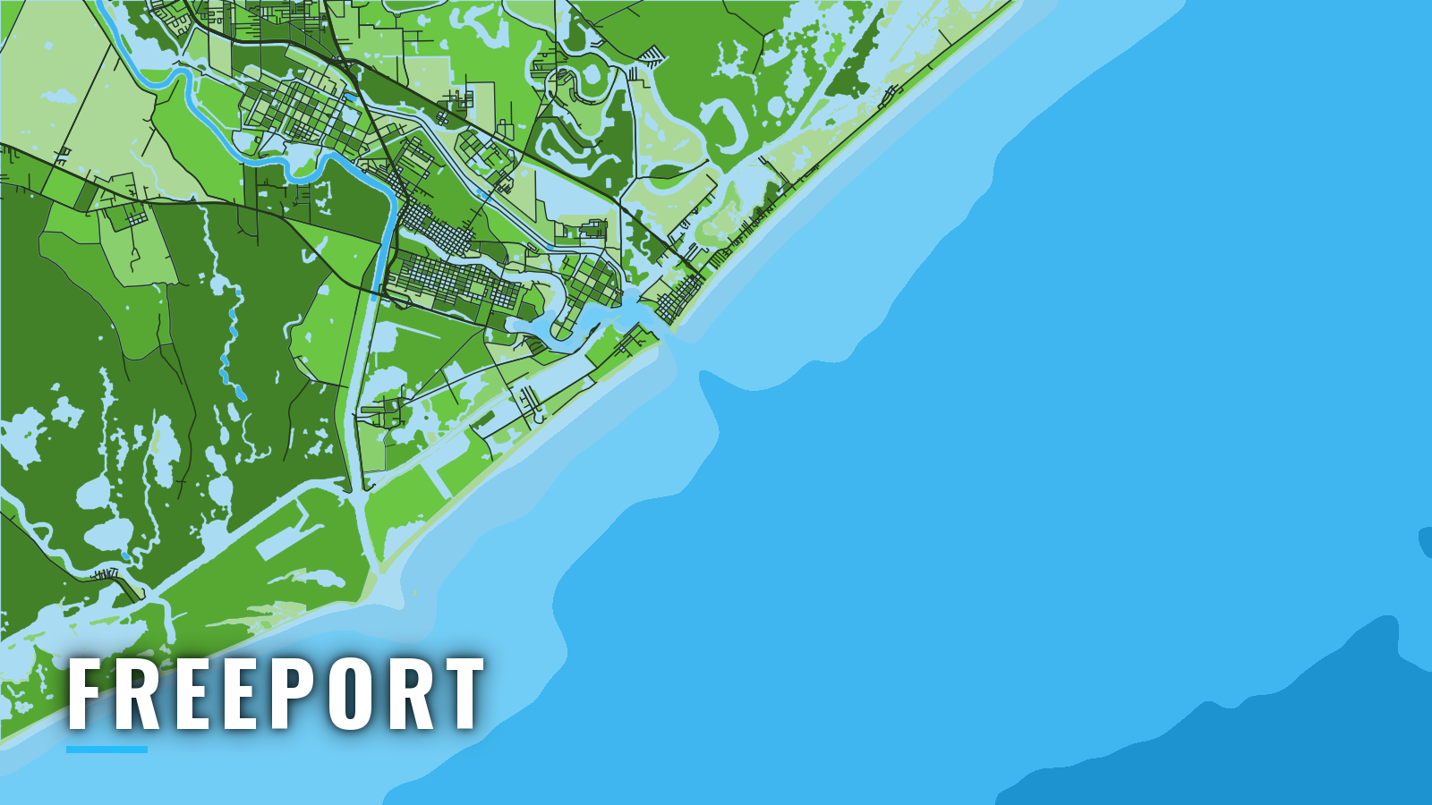 Stylized map of Freeport, Texas, labelled with the port name (not for navigation)