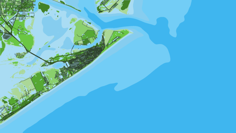 Illustration of Galveston, upper coast charters and party boats, with long runs to bluewater and rigs along the way.