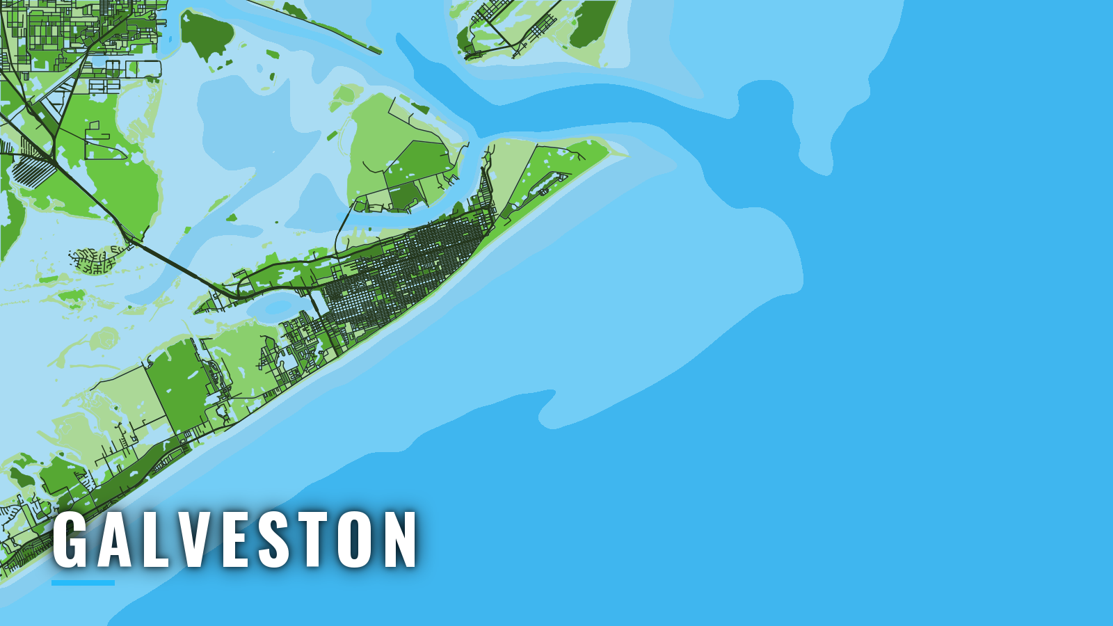 Stylized map of Galveston, Texas, labelled with the port name (not for navigation)