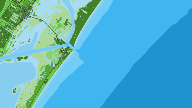 Illustration of Port Aransas, deep-sea fleet and party boats, and tournament hub at Fisherman’s Wharf for the Texas Legends Billfish Tournament, Deep Sea Roundup and Billfish Pachanga.