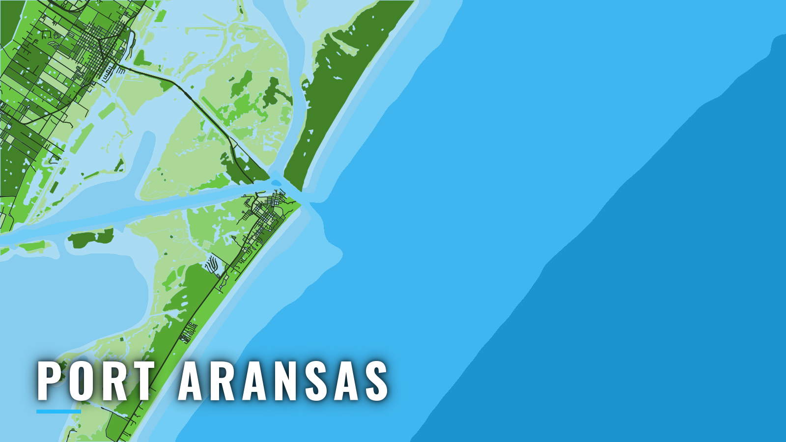 Stylized map of Port Aransas, Texas, labelled with the port name (not for navigation)