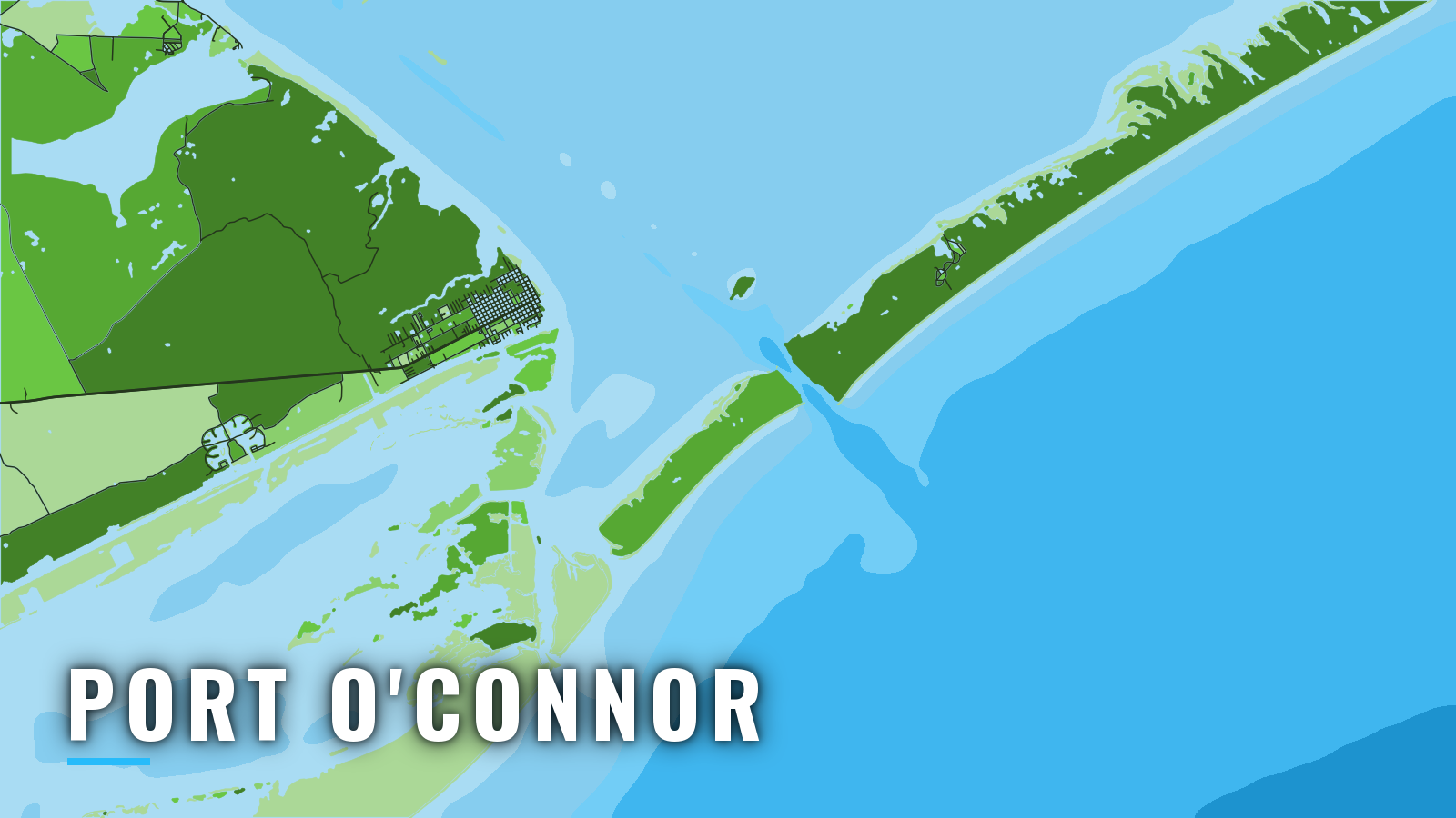 Stylized map of Port O'Connor, Texas, labelled with the port name (not for navigation)
