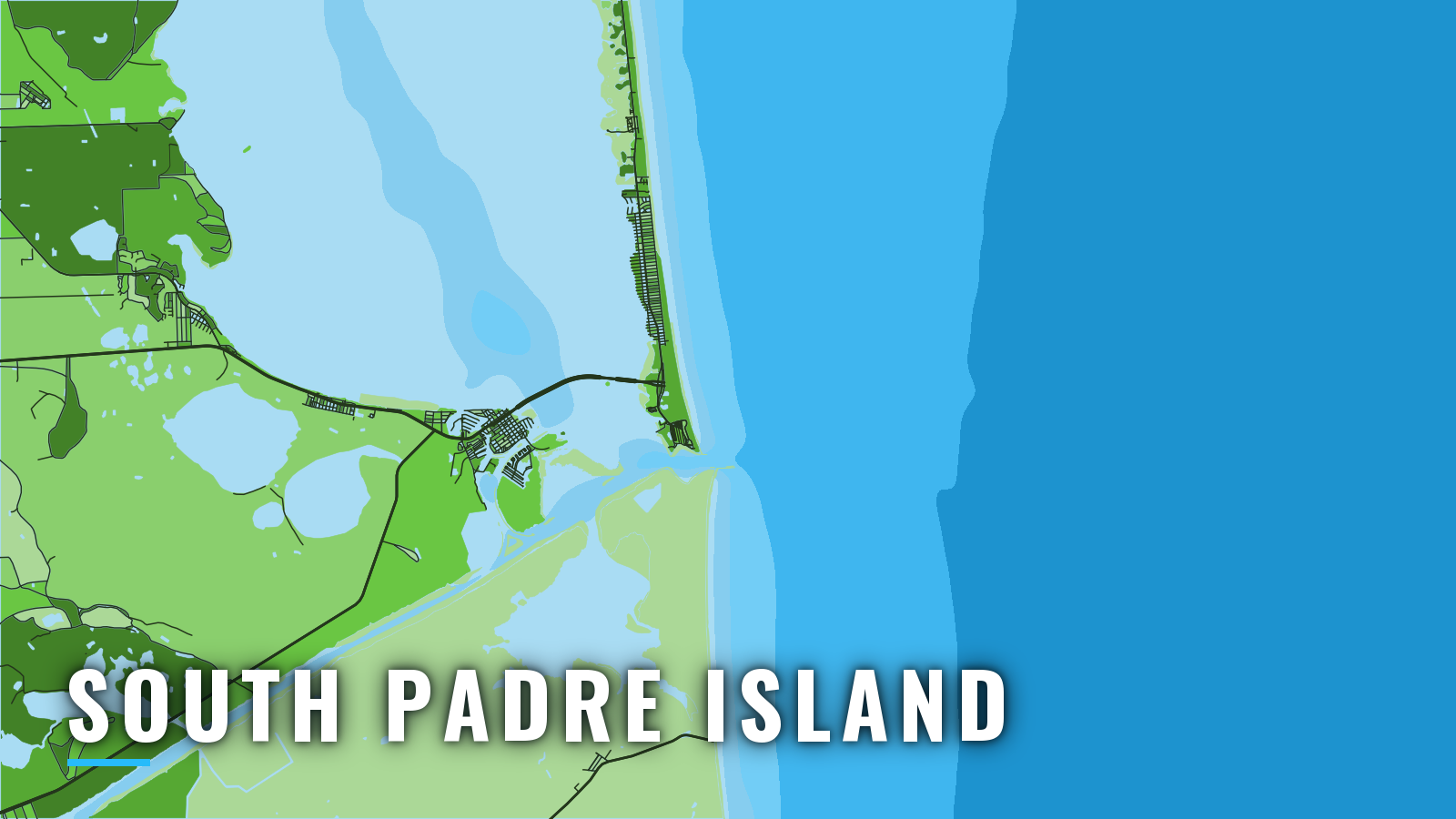 Stylized map of South Padre Island, Texas, labelled with the port name (not for navigation)
