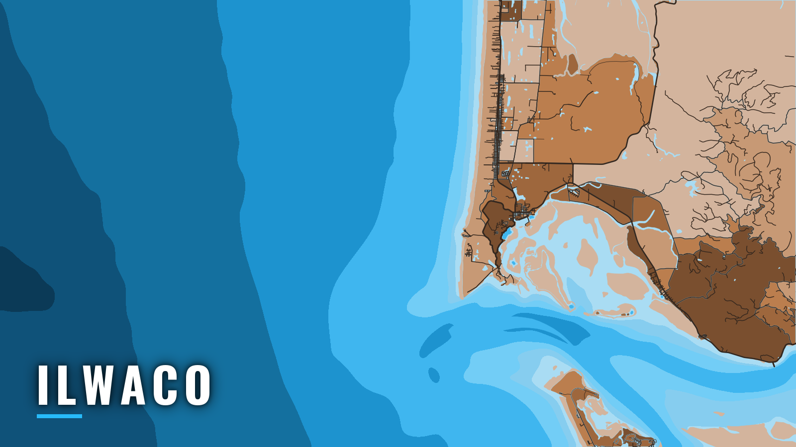 Stylized map of Ilwaco, Washington, labelled with the port name (not for navigation)