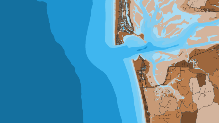 Illustration of Westport, the largest charter fleet on the coast, known for salmon, bottomfish, halibut and albacore trips toward Grays Canyon.