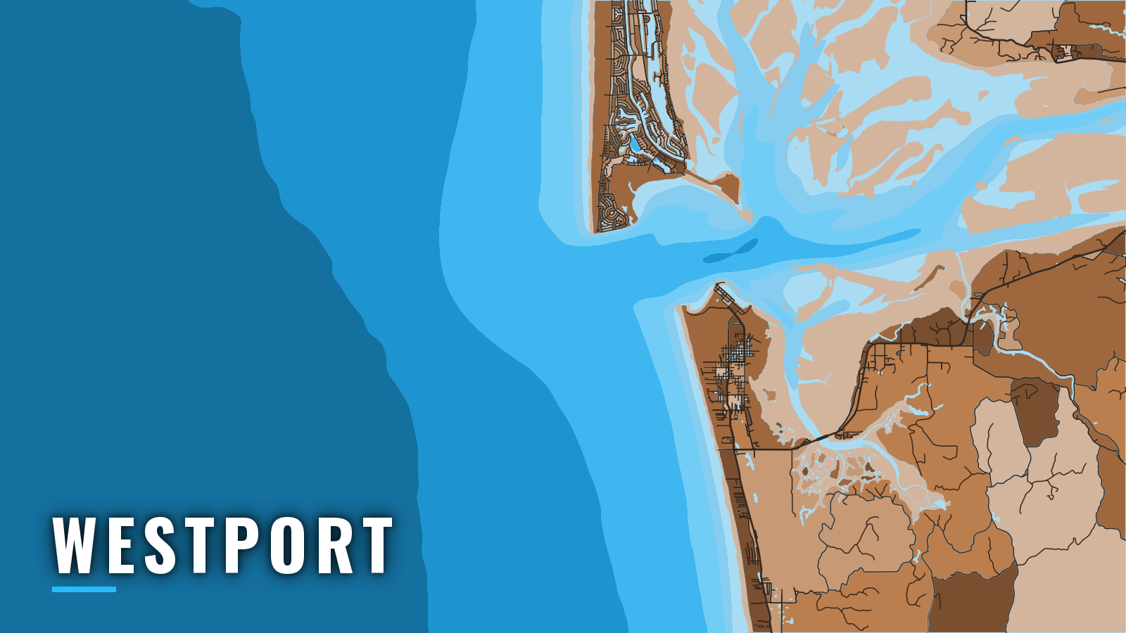 Stylized map of Westport, Washington, labelled with the port name (not for navigation)